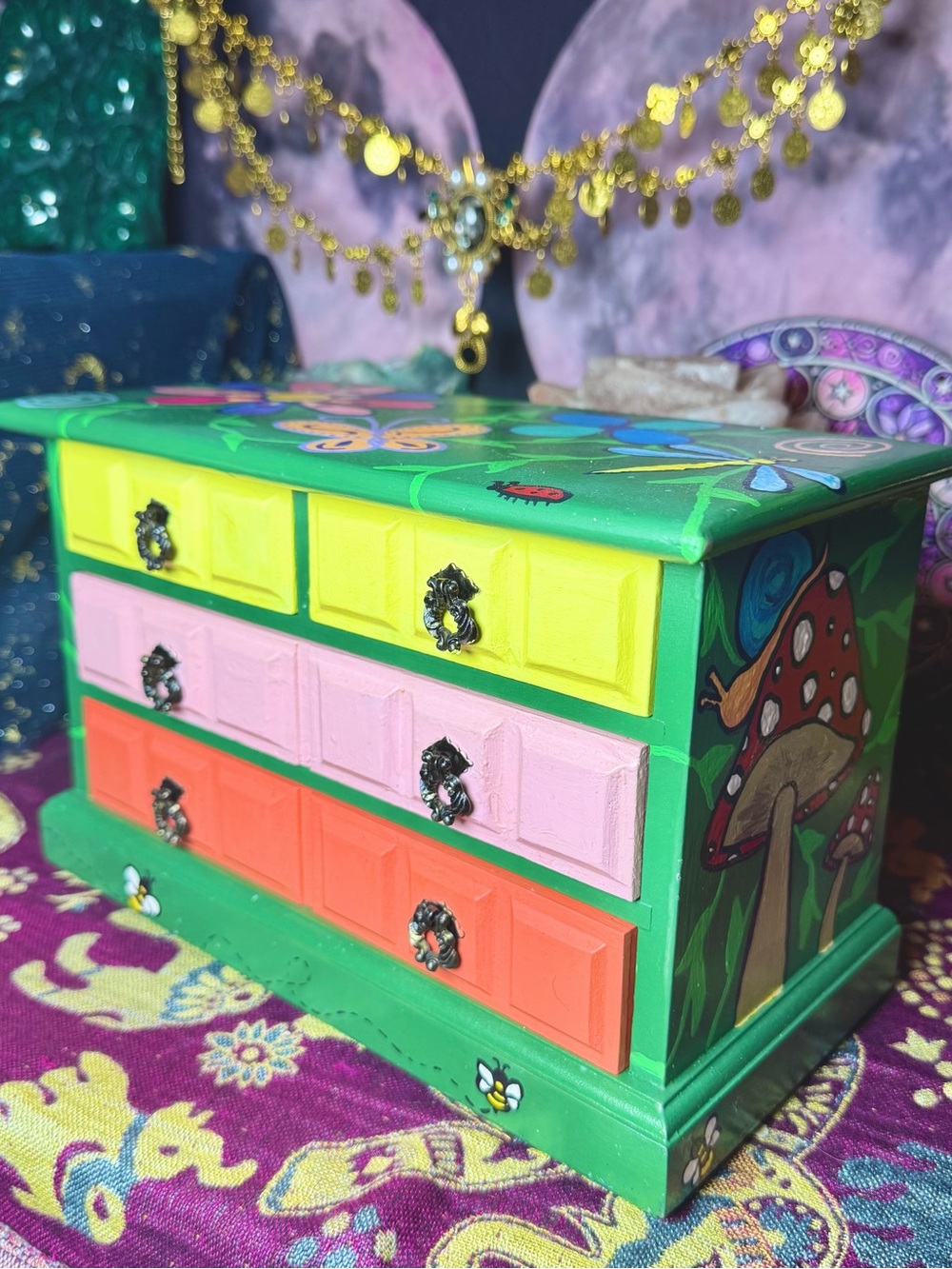 Whimsical Hand Painted Jewelry Box- Mushrooms, Insects, Moon, Floral